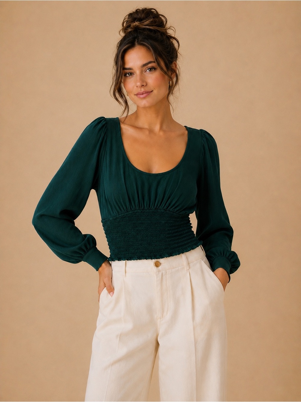 Free People Y2K Santiago Evergreen Cropped Satin Smocked Scoop Neck Blouse XS